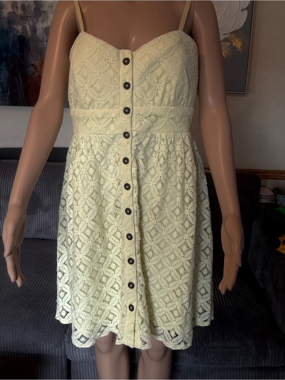 Le Chateau Pastel Yellow Lace Sweetheart Cami Dress